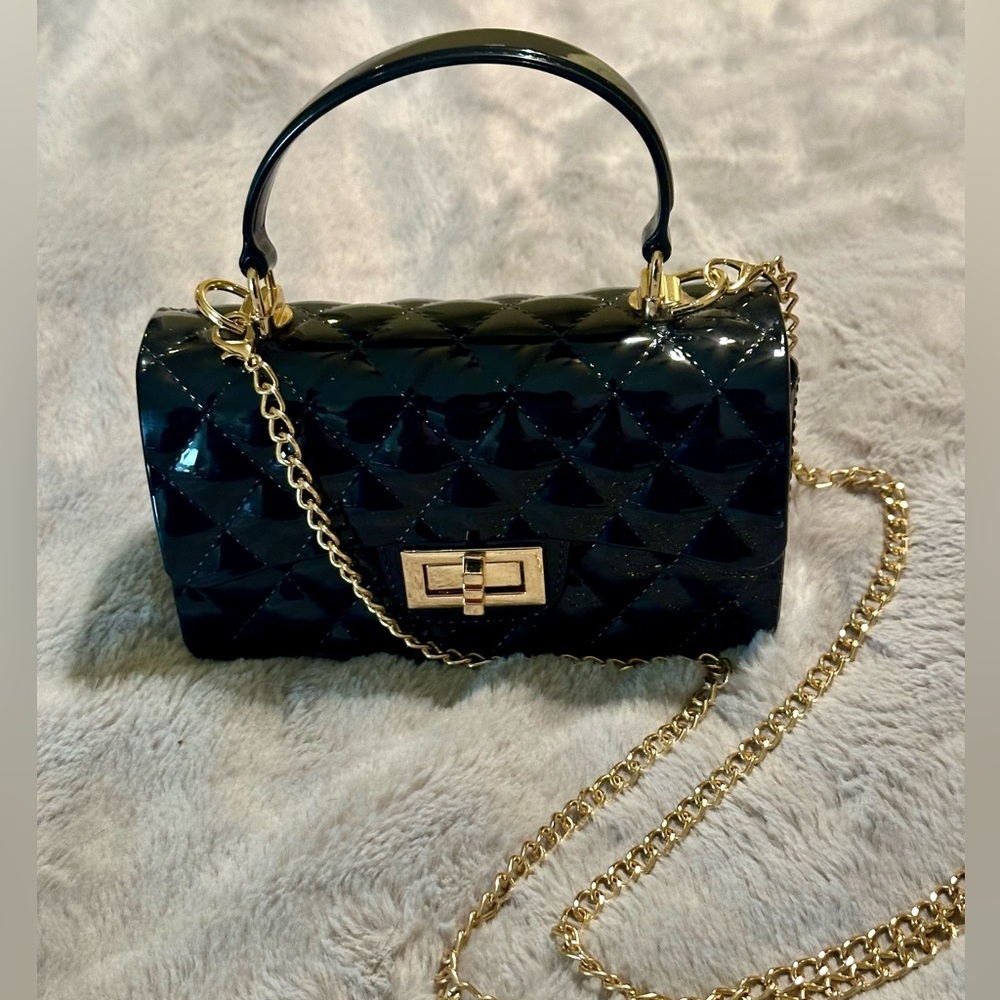 Forever 21 Small Black Vinyl Quilted Handbag Detachable Gold Lock and Chain